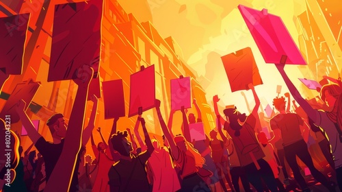 The characters holding empty signs fighting for their rights, activists crowd picketing on riot. Line art flat modern illustration of protesters with placards.