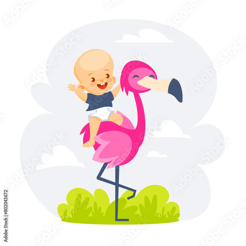Illustration of a human baby sitting astride a flamingo in a cute cartoon style.