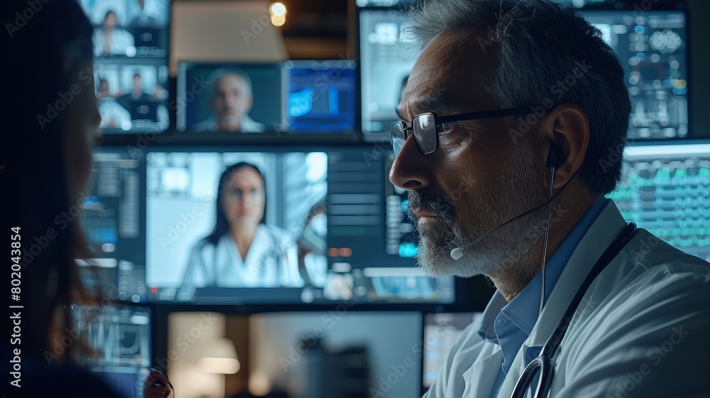 Fototapeta premium Engaging shot of a medical team using telehealth technology to solve a complex case, showing innovation in healthcare