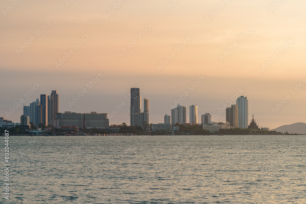 View of Pattaya city. Pattaya is a city next to the sea and famous places in Thailand that foreigners come to visit and travel for vacations.