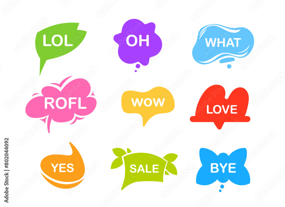 A set of colorful conversation clouds in a cute cartoon style. A set of colorful conversation clouds in a cute cartoon style.