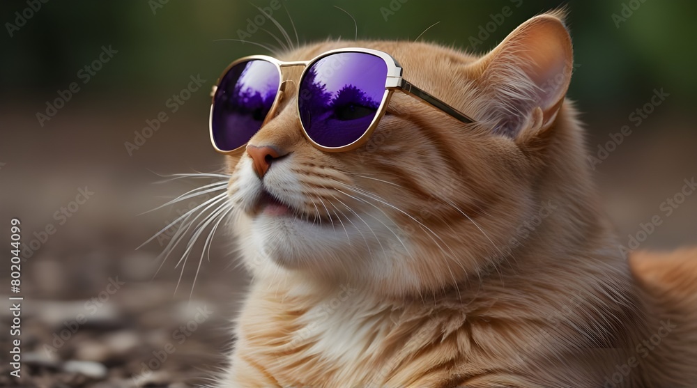 Animals, lifestyle concept. Cool looking cat with purple sunglasses in urban night city background. generative.ai