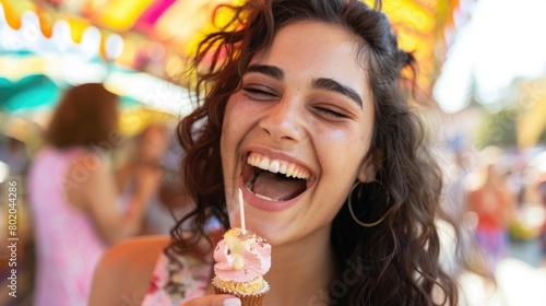 A woman enjoying a delicious ice cream cone at a carnival  capturing a happy summer moment with a snapshot of food and fun AIG50