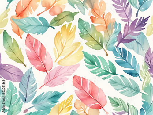 Watercolor painting Colorful leaves scattered on a white background. They vary in size and shape. The colors are bright and diverse, all shades of blue, green, red, yellow and orange.