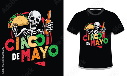 Skeleton holding taco and beer bottle vector graphic illustration t-shirt for black and white for man and woman.