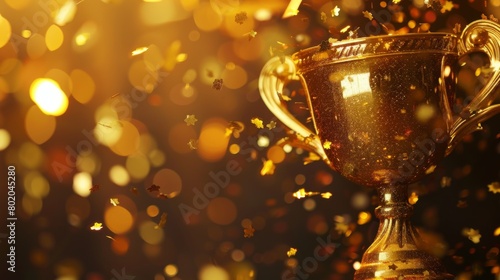 Gold trophy background with serpentine and confetti, copy space, competition concept
