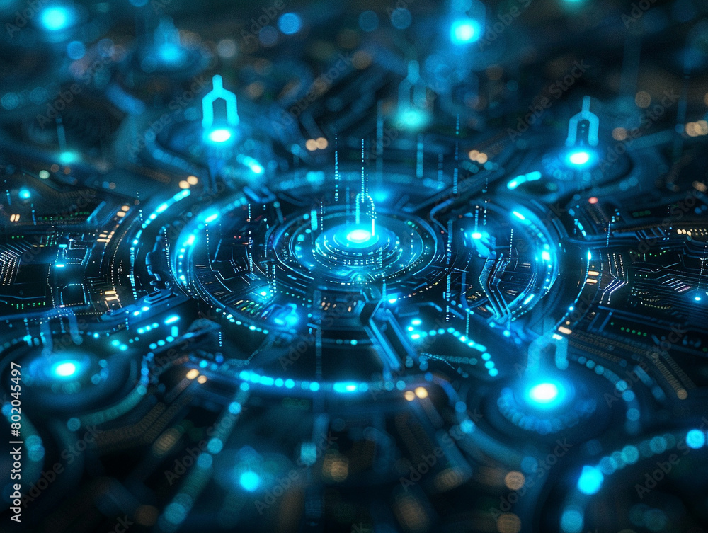 Obraz premium Cybersecurity quantum encryption, digital locks and keys in a network, ultrasecure environment