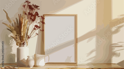 Frame with dried pressed flowers on table in room Vector
