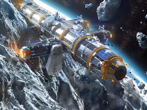 Futuristic Scene of Asteroid Mining with Spacecraft Extracting Resources Using Advanced Technology in Space