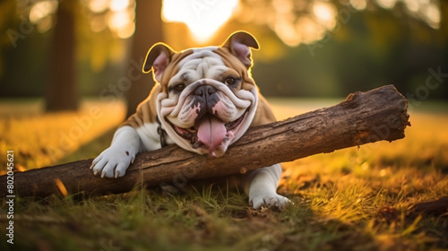 Portrait of funnyEnglish bulldog with wooden stick photo