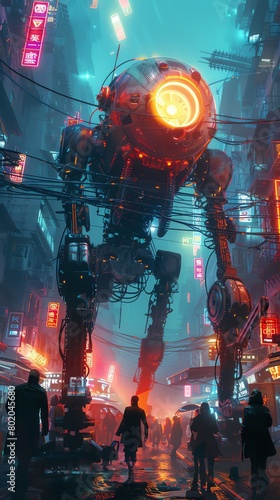 Design a retro-futuristic scene featuring robots in a front-facing perspective, combining elements of steampunk aesthetics with digital animations Incorporate intricate mechanical details, glowing neo