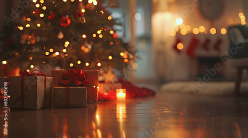 Blurred view of gifts under Christmas tree and glowing