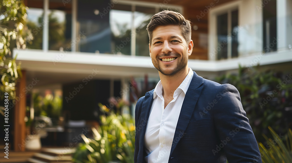 Fototapeta premium a man smiling at the camera outdoors.
