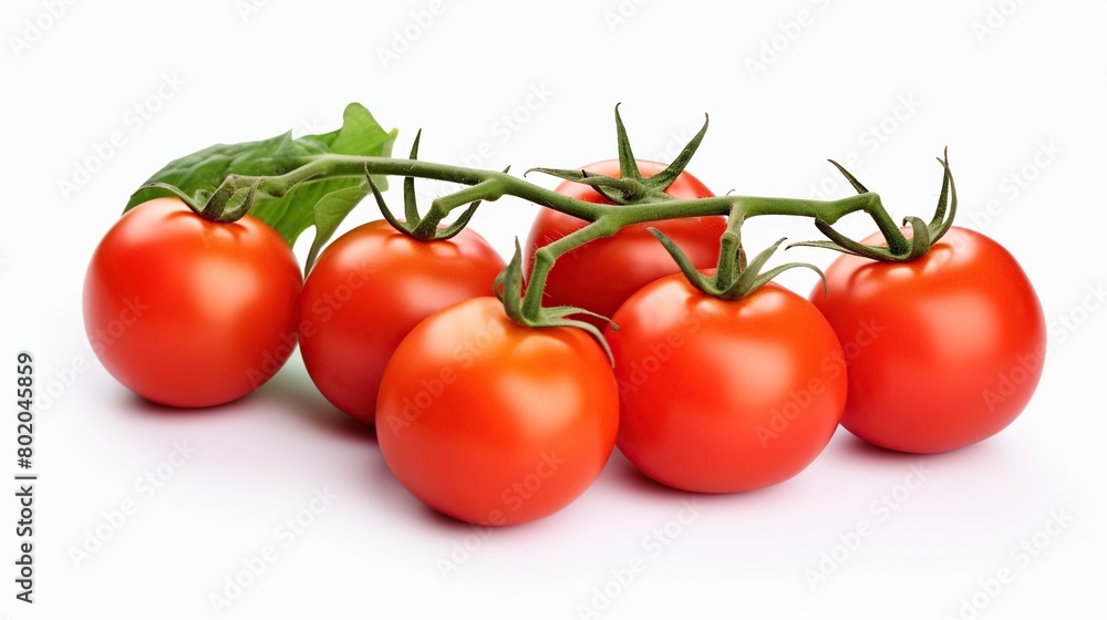 Bunch of fresh tomatoes with green leaves isolated on white background.