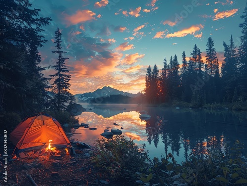 Capture the surrealistic essence of wilderness camping with a captivating eye-level angle Immersive colors blending into a dream-like setting, showcasing unexpected camera angles