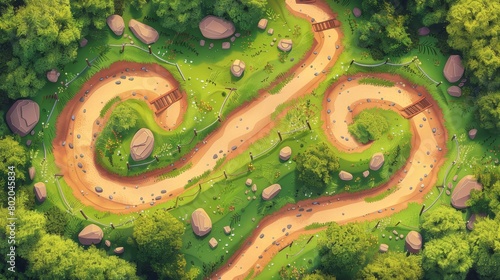 A cartoon modern illustration showing a road at its top, with a path under construction and asphalted or dirt parts and barriers. A trail of green grass and rocks surrounds it, with a path on the photo
