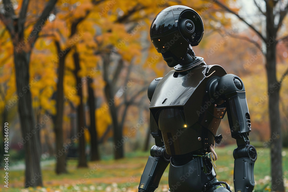a black humanoid robot stays outside with nature on a sunny day a black humanoid robot stays outside with nature on a sunny day