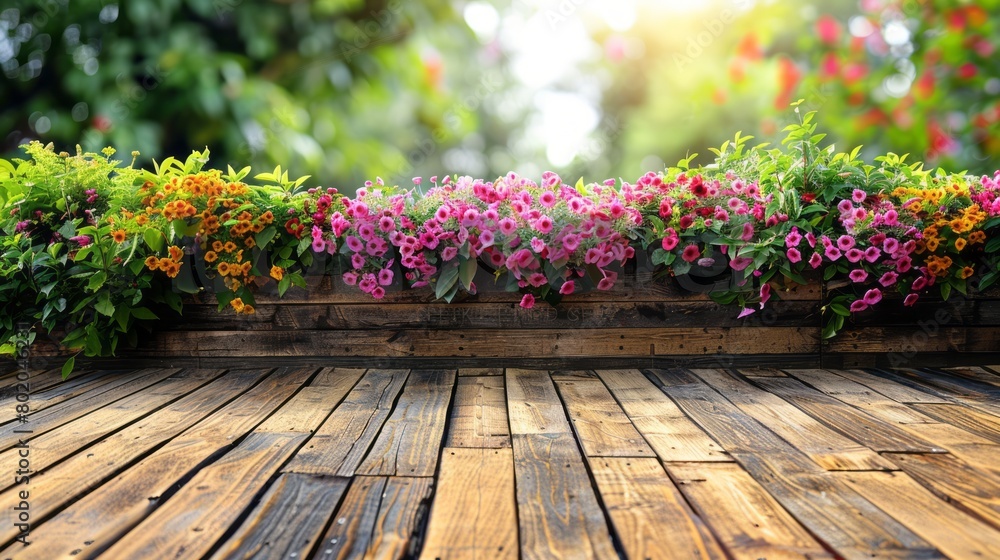 Wooden table with a beautiful flower arrangement in the background. Wooden table with a beautiful flower arrangement in the background.