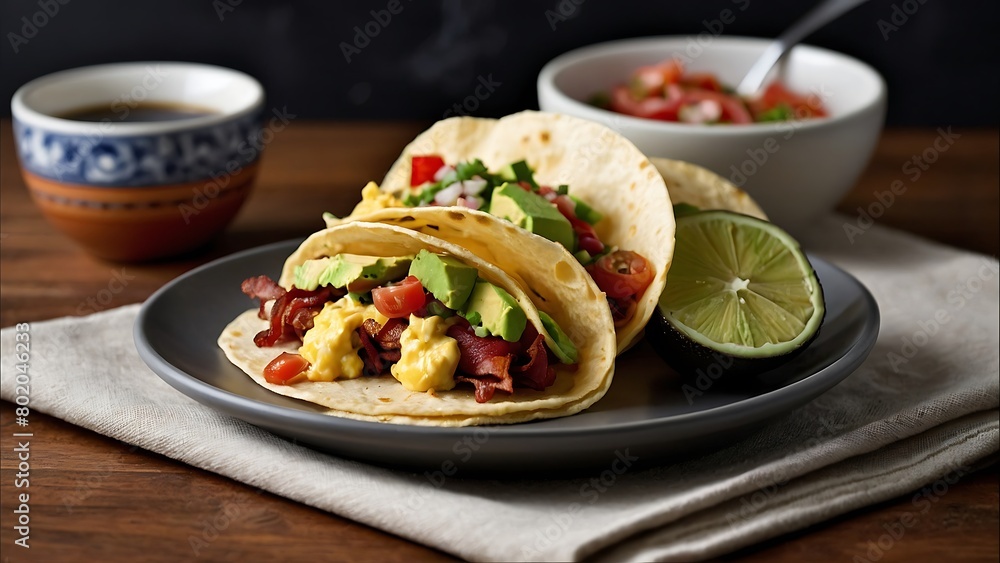 Mexican tacos with bacon and avocado, served with hot coffee.