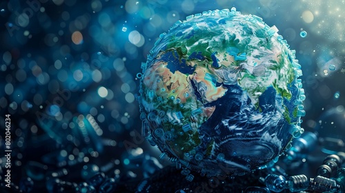 Planet Earth visualized entirely with translucent plastic bottles  a powerful message about pollution orbiting in space