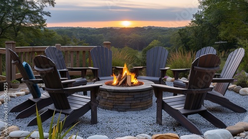 Adirondack chairs sit around a fire pit on a deck overlooking a beautiful sunset. photo