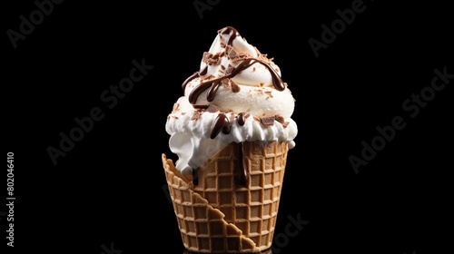 Delicious ice cream on waffle cone isolated on black background.