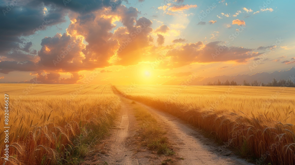The golden wheat field stretches into the distance, with a dirt road leading through it.