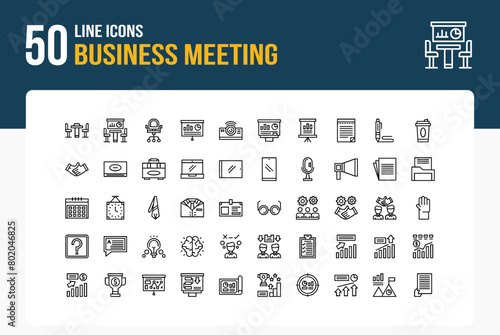 Set of 50 Business Meeting icons related to Conference Table, Meeting Room, Chair, Presentation Screen Line Icon collection