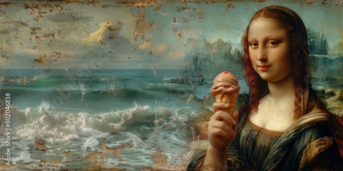 Painted young girl in vintage style holding an ice cream in a cone.