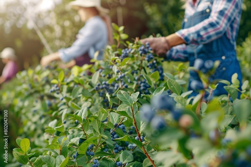 Farm Workers Harvesting blueberry in the Field. Workers picking fresh ripe fruit.