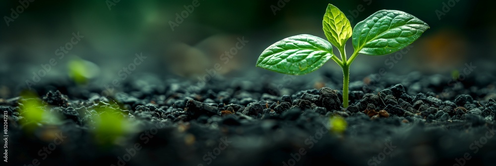 a seedling emerging from the ground, its two bright green leaves illuminated by soft natural light a seedling emerging from the ground, its two bright green leaves illuminated by soft natural light