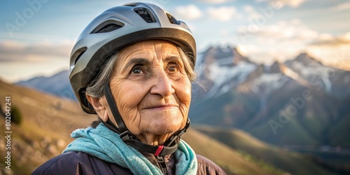 Close-up portrait of Caucasian senior woman in a bike helmet on mountain background, space for text. Mountain bike on offroad, portrait of cyclist at sunset. extreme, fitness