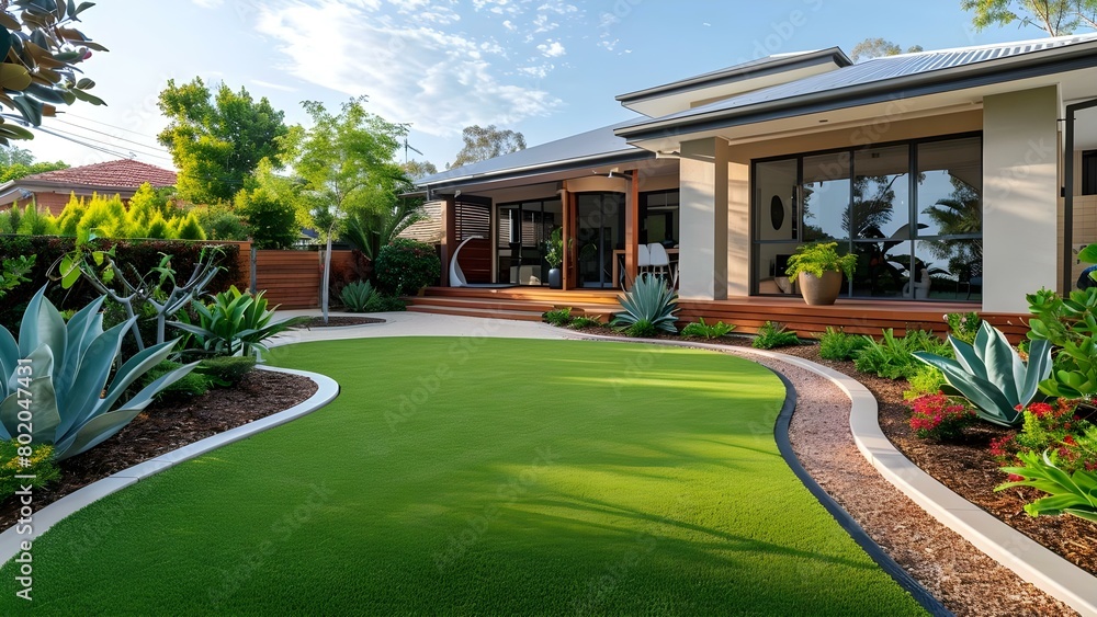 Front Yard of an Australian Home Featuring Artificial Grass Lawn and Timber Edging. Concept Australian Home, Front Yard, Artificial Grass Lawn, Timber Edging, Outdoor Aesthetic