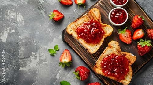 Board of tasty toasts with sweet strawberry jam 