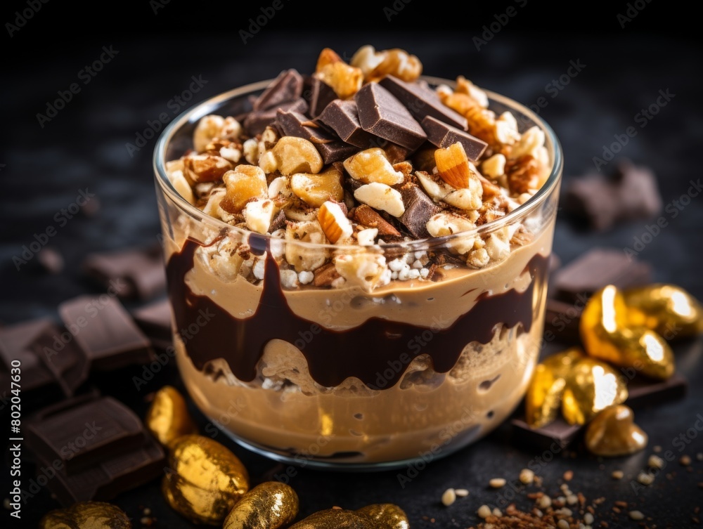 A parfait glass containing chocolate mousse, topped with chopped nuts and chocolate chunks, with chocolate pieces scattered on the table around it. A parfait glass containing chocolate mousse, topped with chopped nuts and chocolate chunks, with chocolate pieces scattered on the table around it.