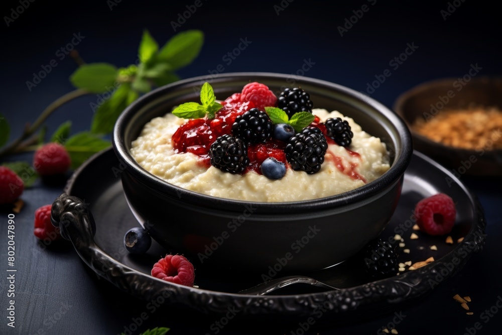 A bowl of oatmeal with raspberry jam and berries on top of it. A bowl of oatmeal with raspberry jam and berries on top of it.