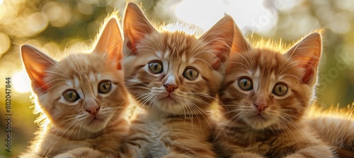 Three adorable and playful red kittens enjoying themselves on a lush green grass background © Andrei