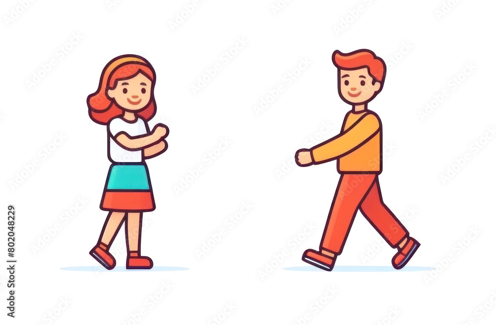 Stylish cartoon illustration of a cheerful boy and girl in modern attire strolling