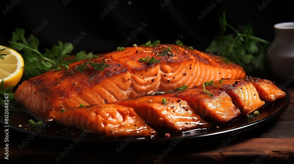 Delicious grilled salmon steak on a plate in the restaurant kitchen room. Delicious grilled salmon steak on a plate in the restaurant kitchen room.
