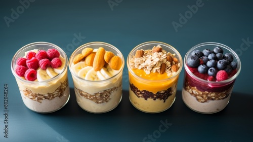 Four glass jars filled with yogurt, fruit, and granola sit on a dark blue table. From left to right, the jars contain raspberries, peaches, blackberries, and blueberries.