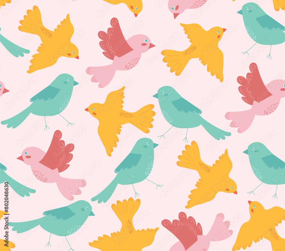 Colorful birds drawing seamless pattern in swatches. Flying birds on pink background, vector illustration for card, banner, poster, wallpaper.