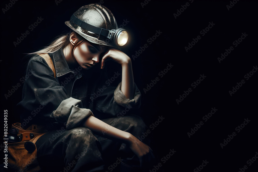 Pensive miner woman on black background. Space for text. Pensive miner woman on black background. Space for text.