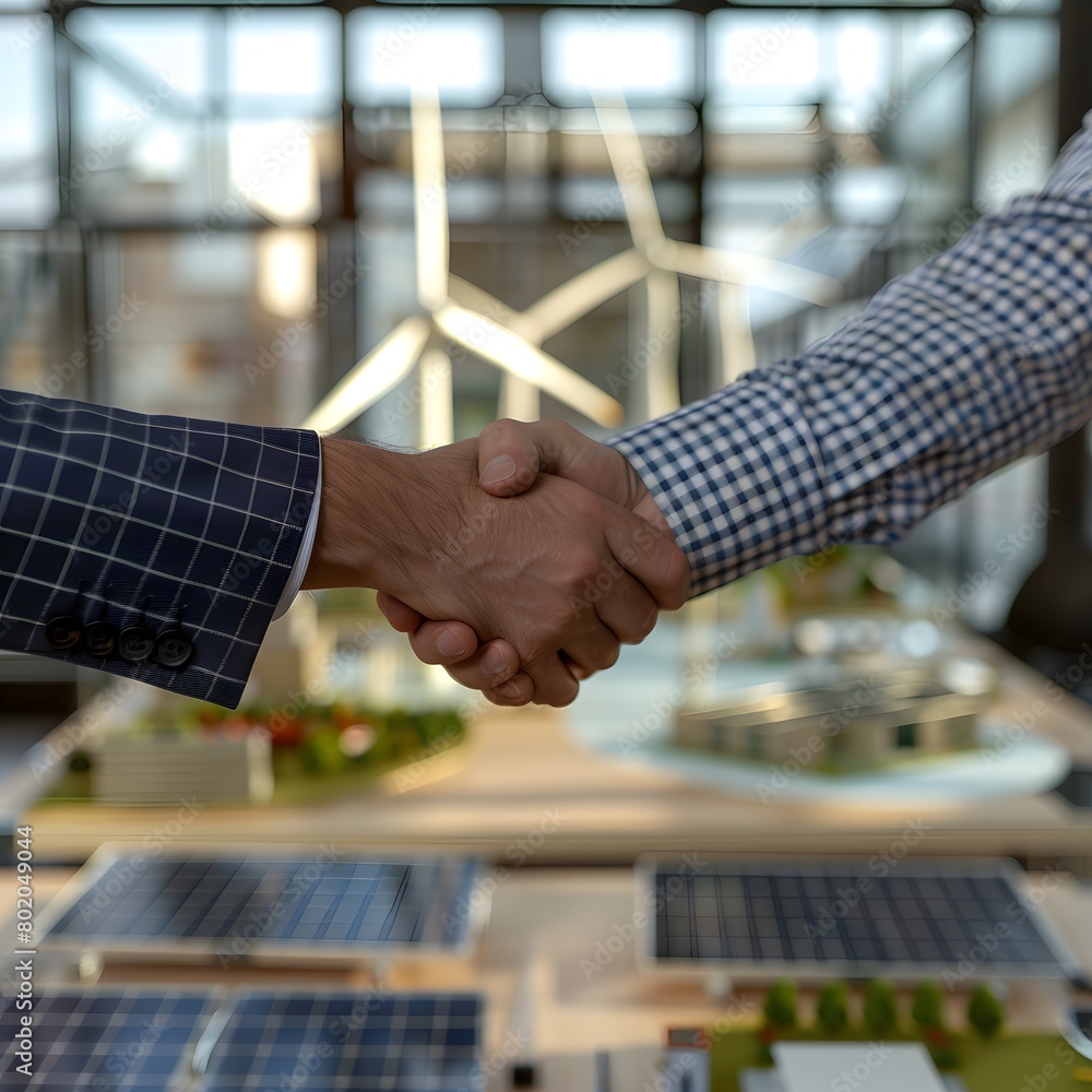 A closeup shot of two business people shaking hands over an office desk, with wind turbines and solar panels in the background