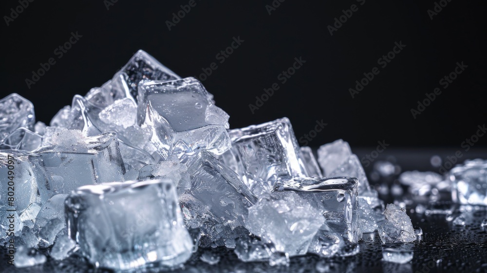 Pile of crushed ice cubes on dark background with copy space. Crushed ice cubes foreground for beverages Pile of crushed ice cubes on dark background with copy space. Crushed ice cubes foreground for beverages