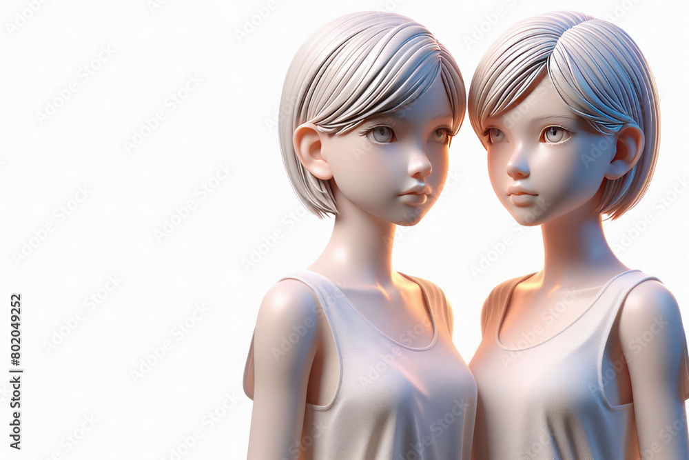 Identical girls standing next to each other. Space for text. Identical girls standing next to each other. Space for text.