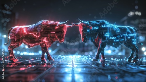 Bullish and bearish market, bulls face to face photo