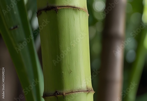 A close-up view of a bamboo shoot  its smooth green stalk segmented by lighter joints  contrasting with the vibrant green leaves surrounding it  generative AI