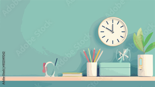 Composition with stylish clock and stationery on color