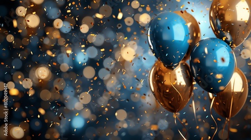 Festive scene with golden and blue balloons  falling confetti  and a blurred background