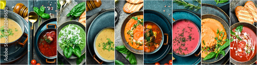 Photo collage of various soups and cream soups. A set of colored soups in bowls. Photo banner for a food site. photo